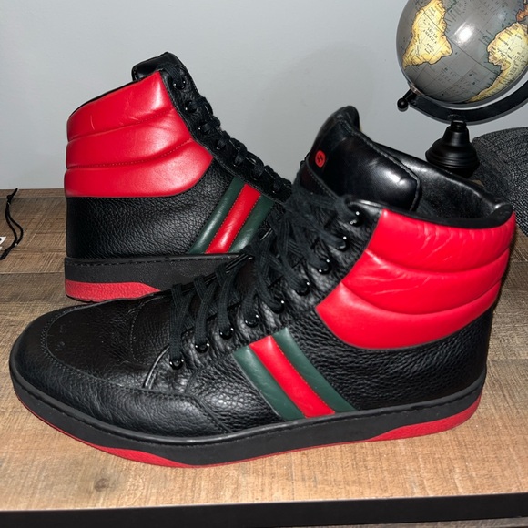 Gucci Web Logo Black Leather High Top Sneakers - Picture 1 of 10